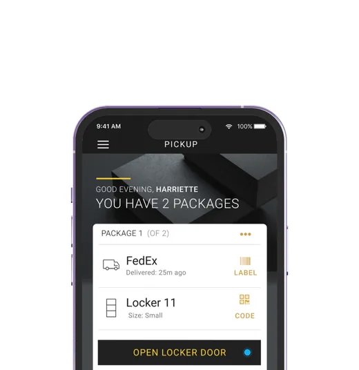 Luxer One resident mobile app showing package pickup notification